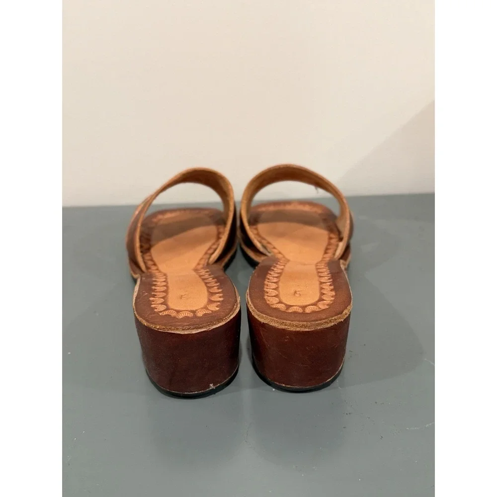 Vintage 70s Artisan Crafted Mexican Leather Sandals Painted Floral Wedge Size 9